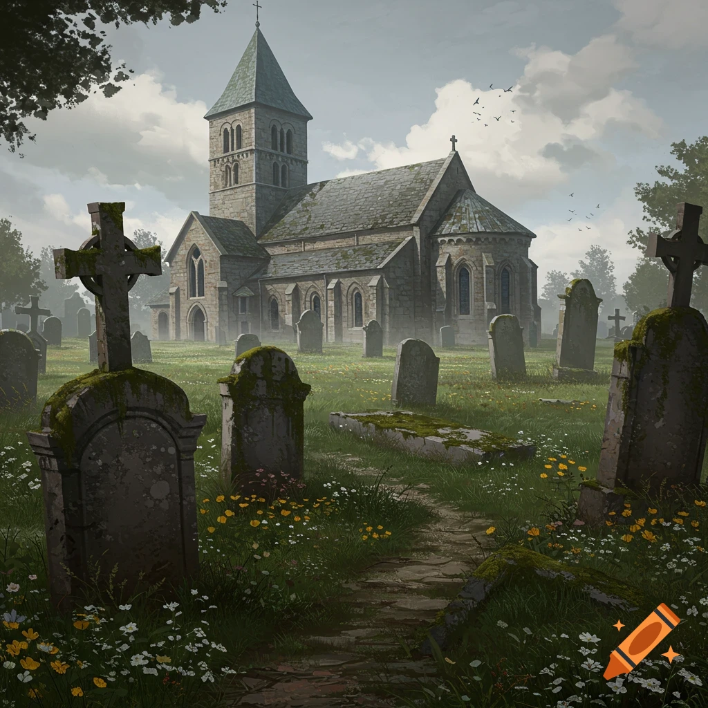 Stone church in a cemetery with gravestones and flowers under a cloudy sky