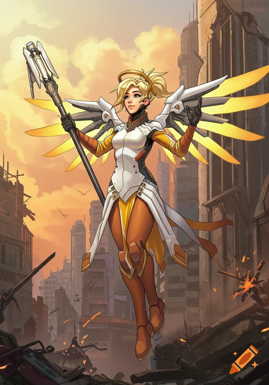 A character resembling Mercy from Overwatch floats with wings extended in a ruined city, holding her staff.