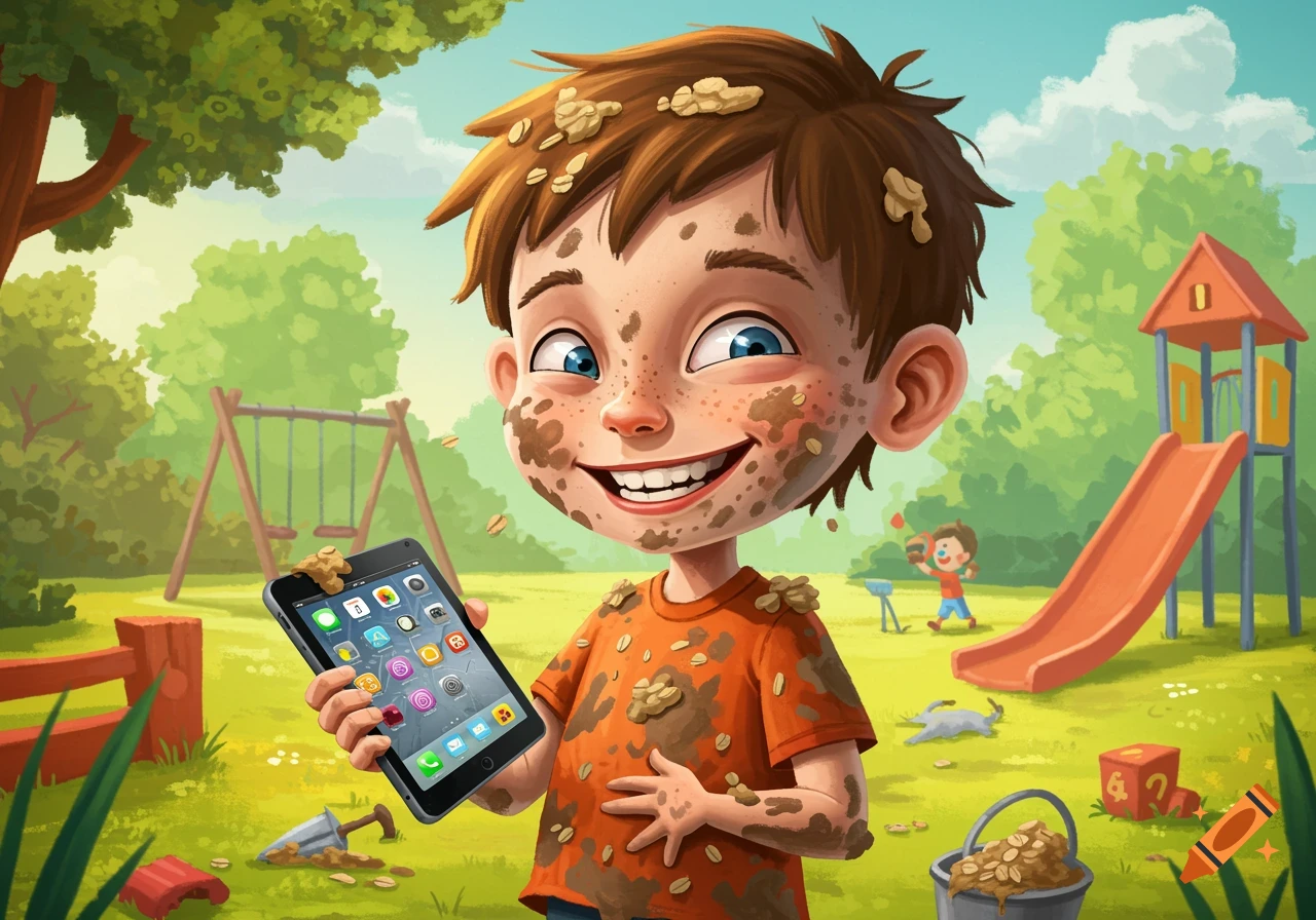 A smiling boy covered in mud and oatmeal holds a phone at a playground.