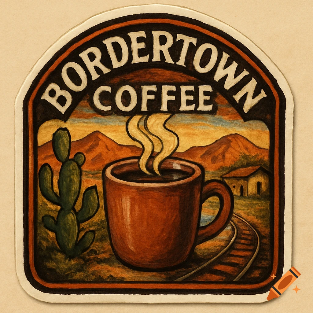 Bordertown Coffee sticker illustration with a desert scene, cactus, coffee cup, and train tracks.