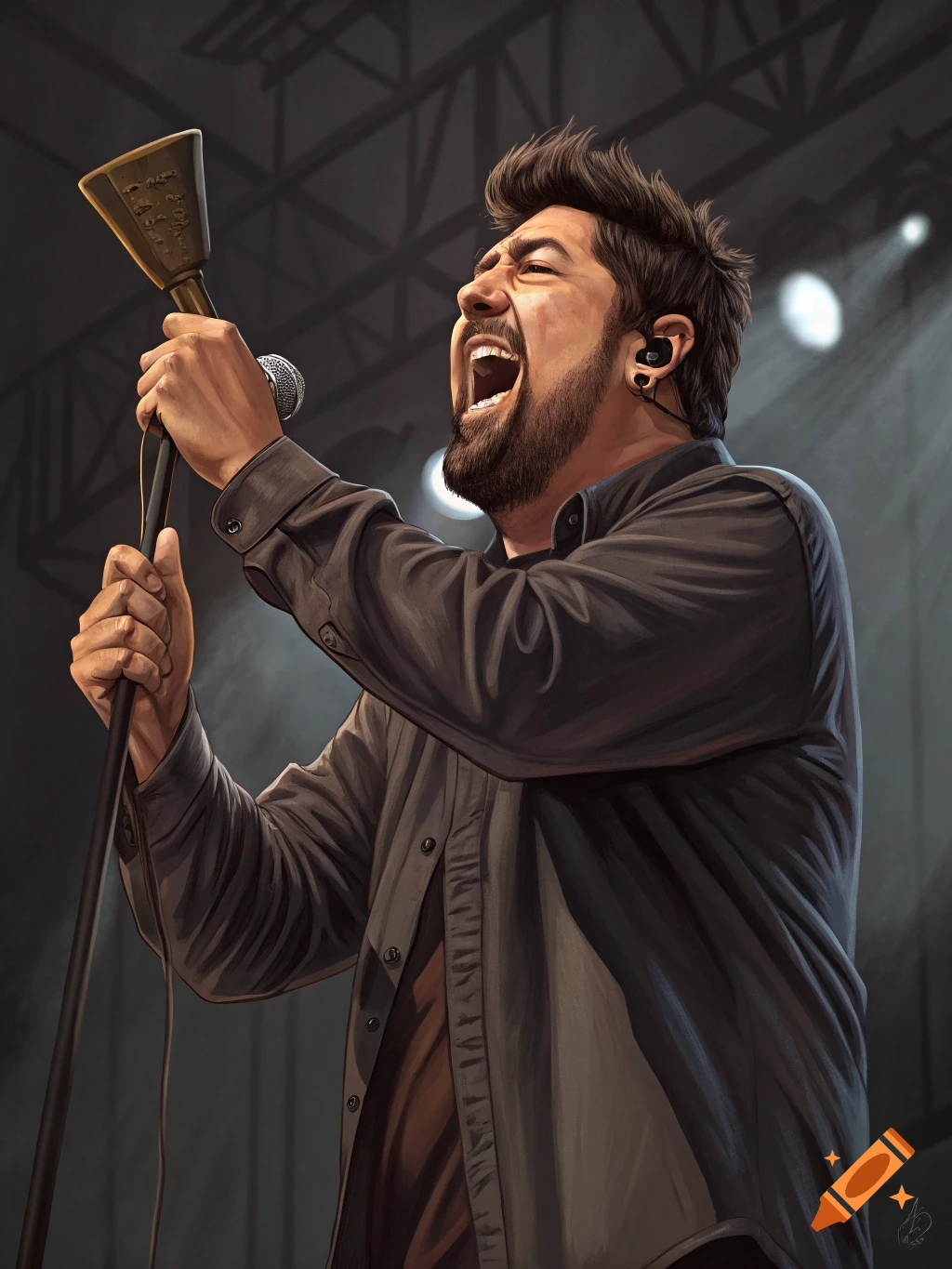 Dynamic illustration of Chino Moreno singing passionately into a microphone on stage while holding a cowbell.