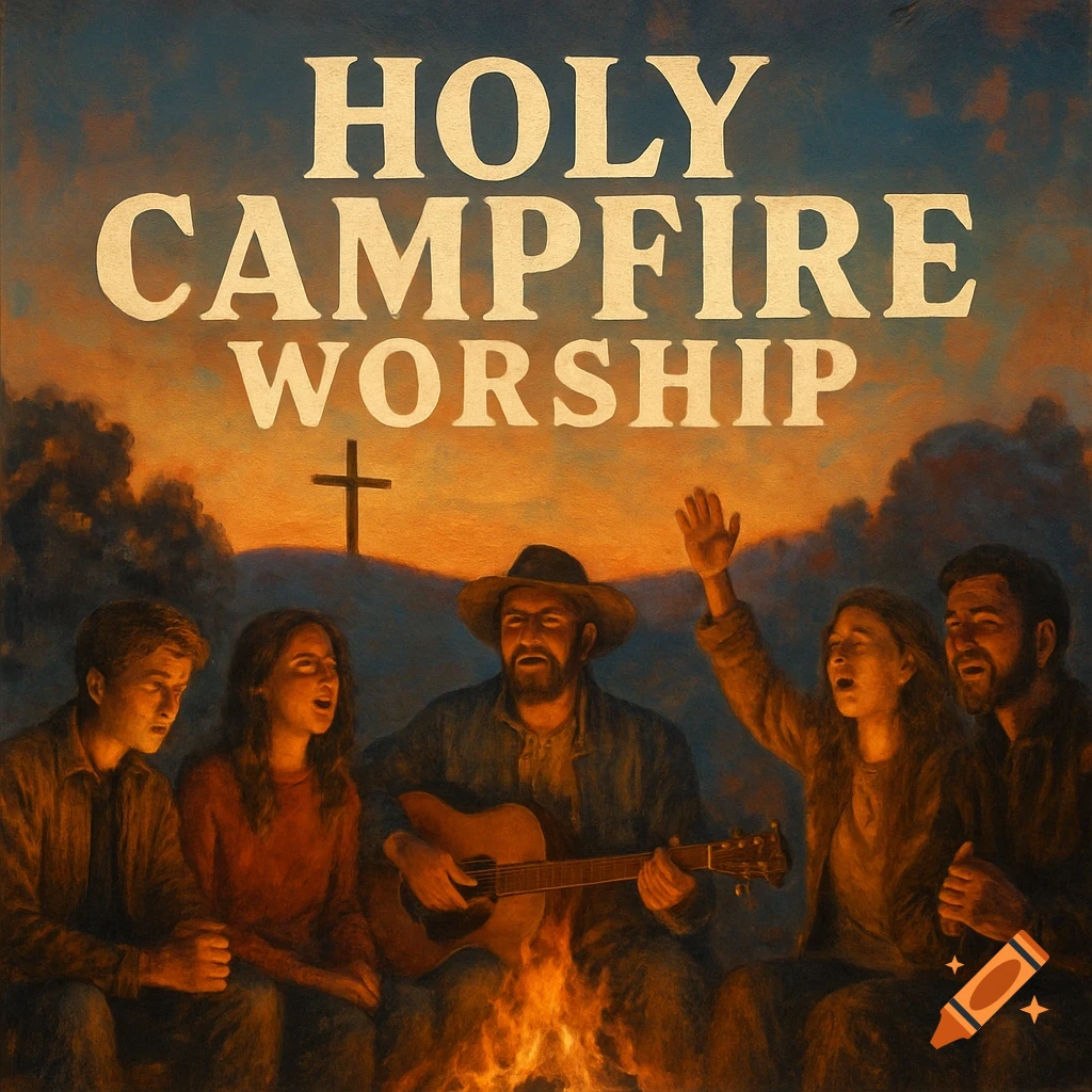 Painting of people singing around a campfire with a cross in the background, text reads "HOLY CAMPFIRE WORSHIP".