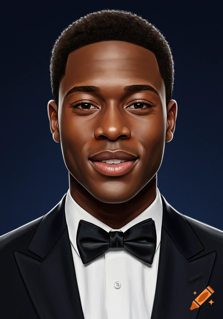 A portrait of a young black man smiling in a tuxedo.