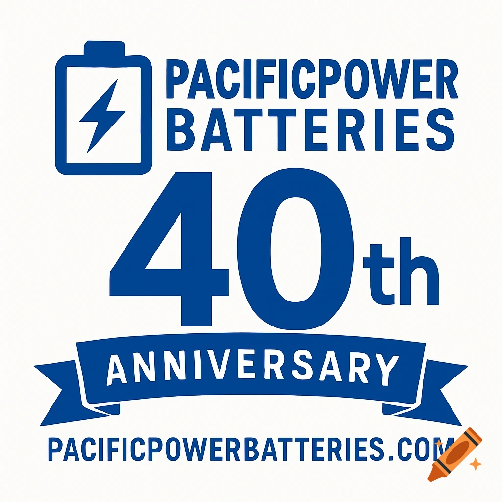 Blue graphic logo for PacificPower Batteries 40th Anniversary with battery icon and website.