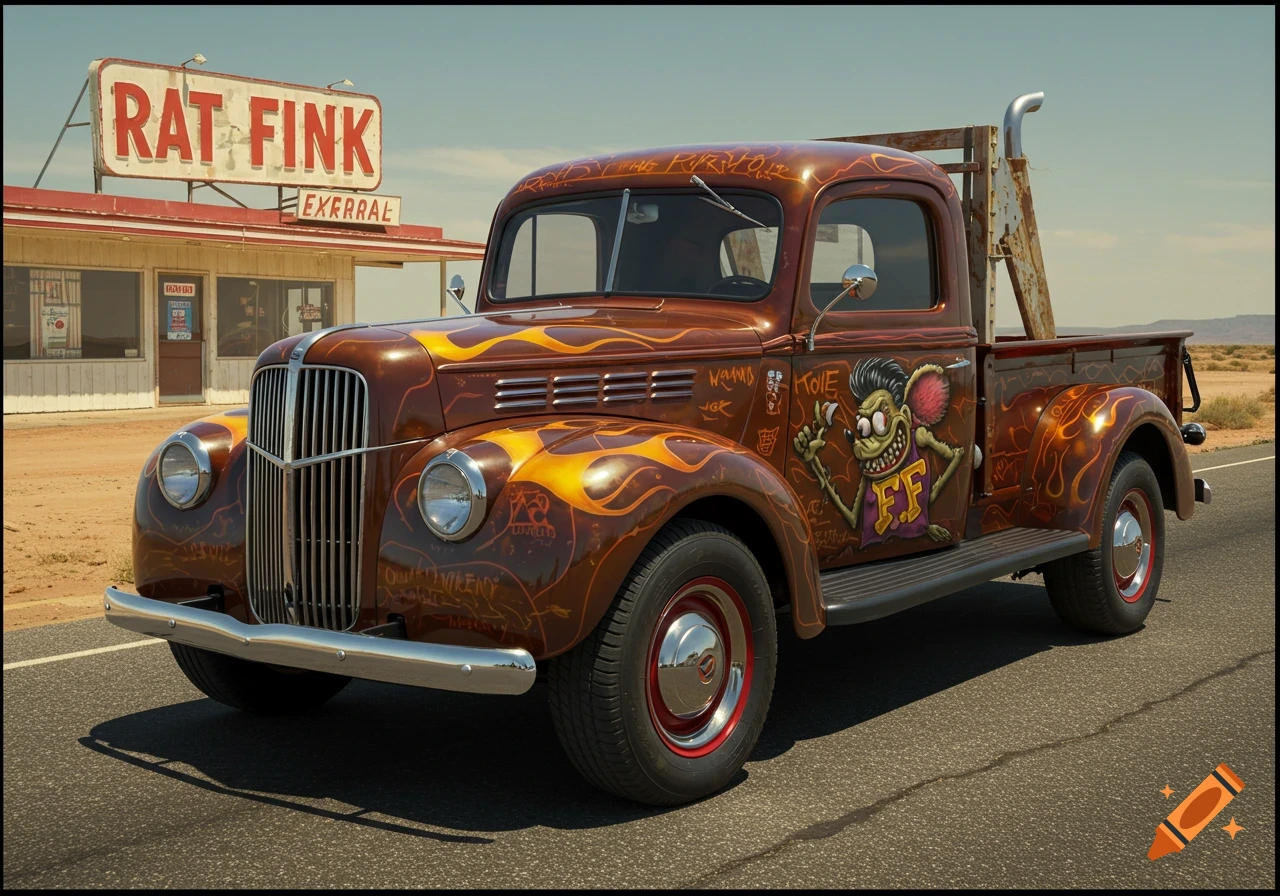 A brown vintage truck with flame graphics and a cartoon Rat Fink character painted on the side, parked outside a roadside building.