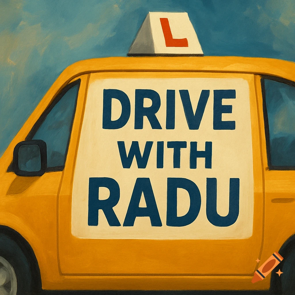 Painterly image of a yellow car with an 'L' sign on top and a sign on the side reading 'Drive with Radu'.
