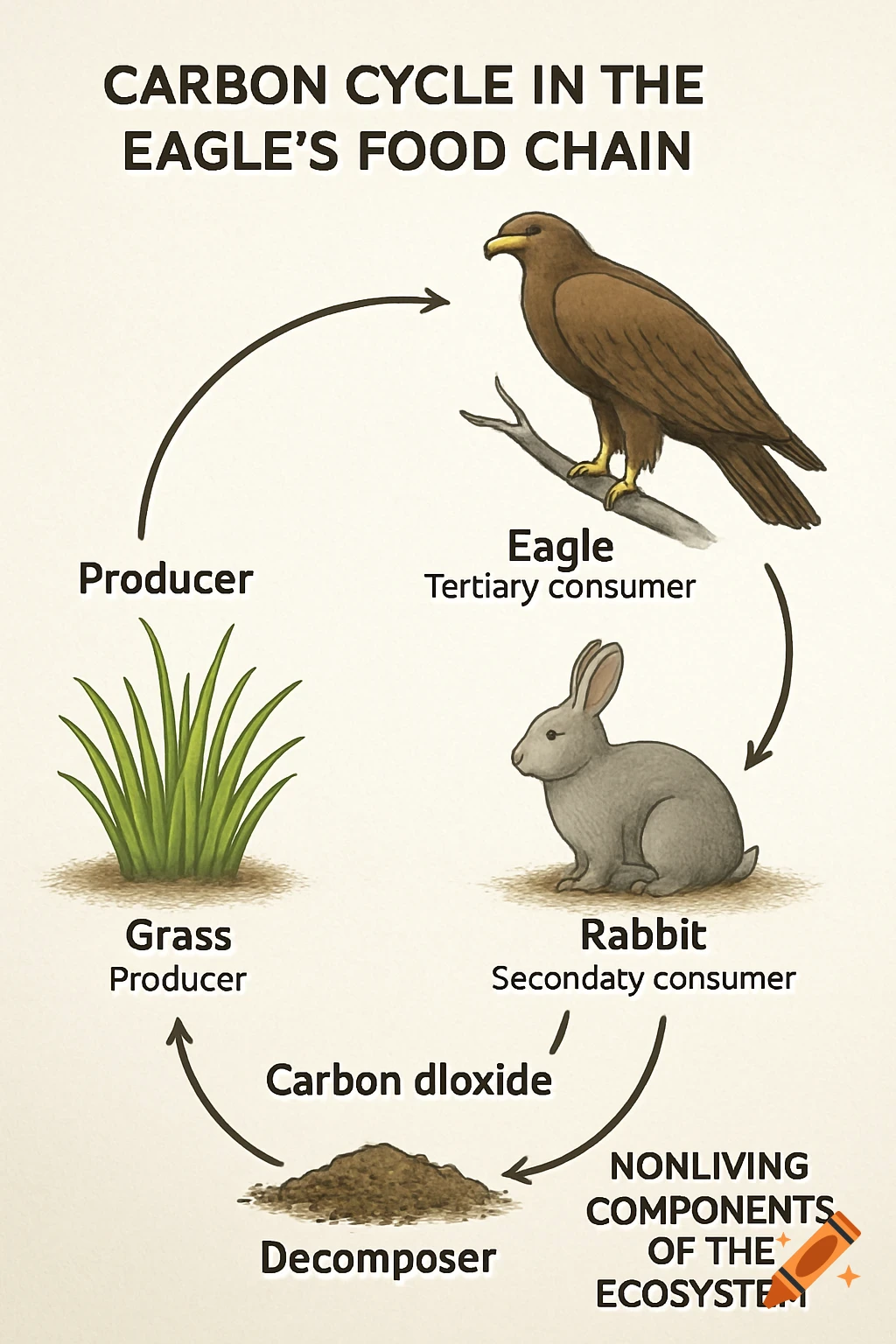 Diagram illustrating the carbon cycle in an eagle's food chain with grass, rabbit, eagle, and decomposer.