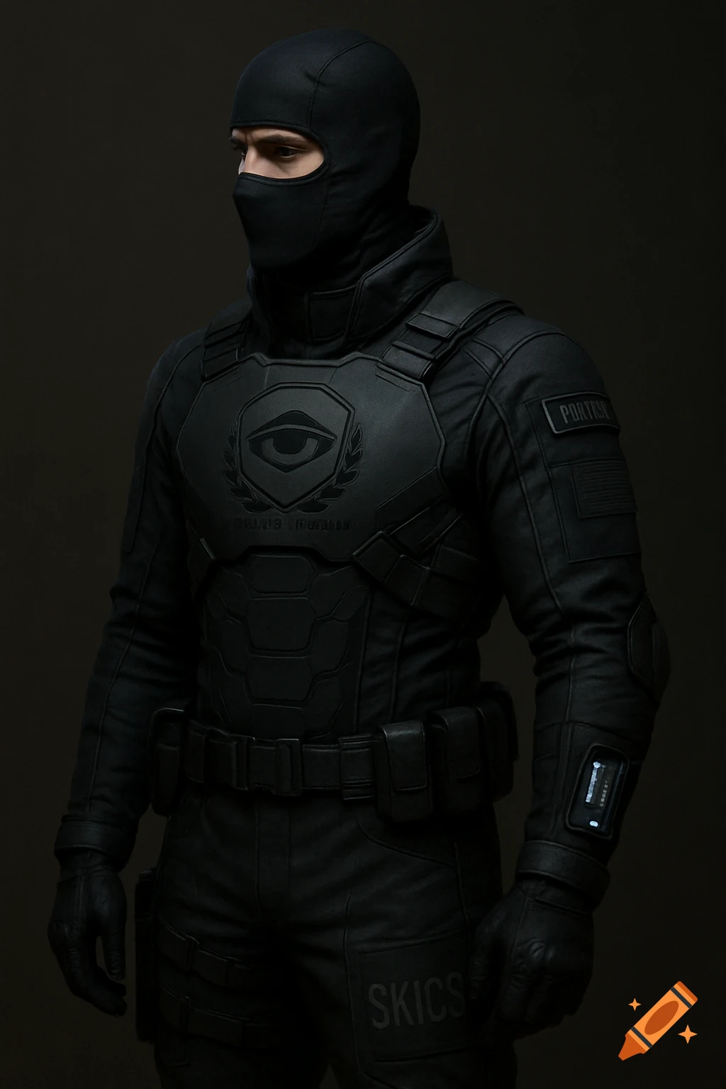 Person in a black tactical suit with a balaclava, chest armor, and arm patches, standing against a dark background.