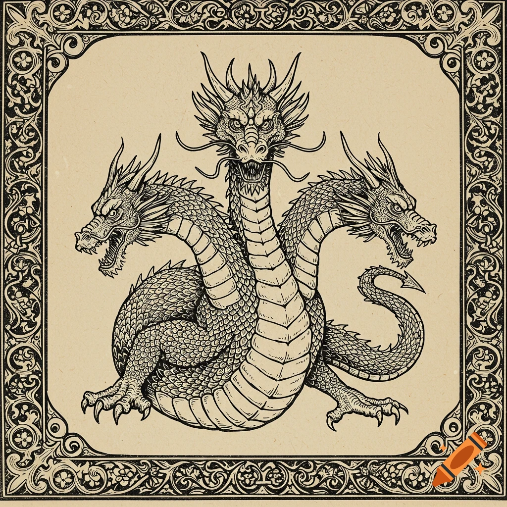 Woodcut style illustration of a three-headed dragon with a decorative border.