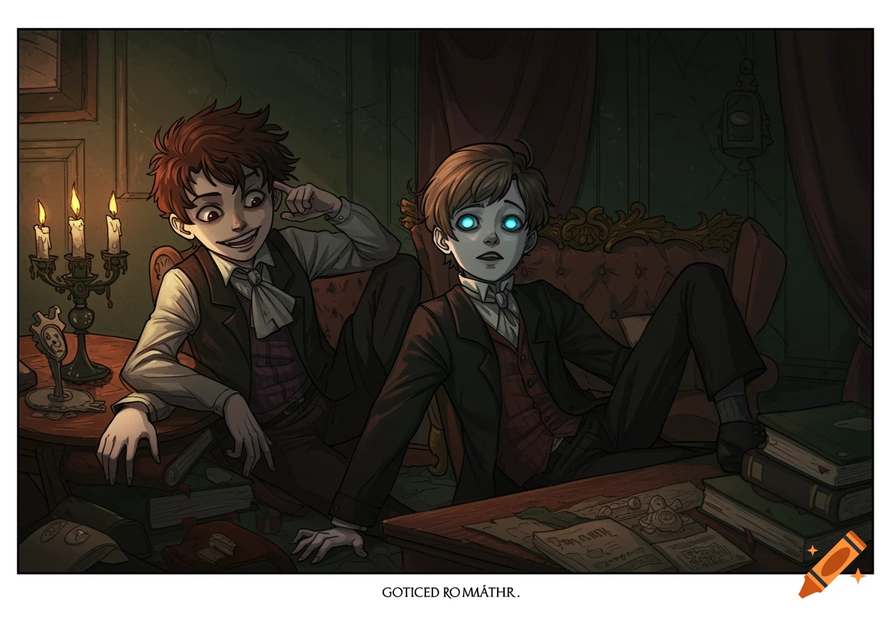 Two boys in a dark, gothic-style room. One boy with red eyes grins creepily, while the other with glowing blue eyes stares blankly. Illustration style.