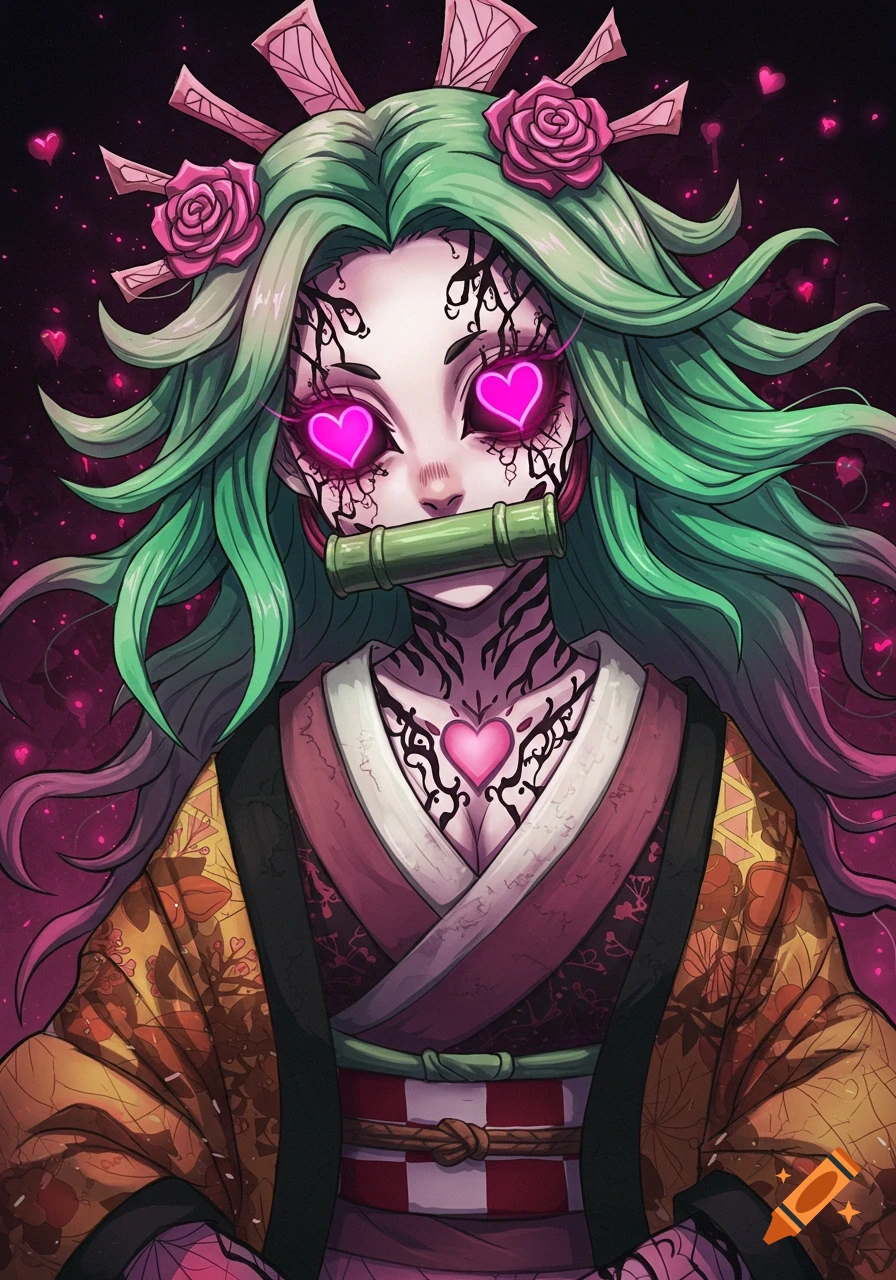 Anime portrait of a character resembling Nezuko with heart eyes, bamboo muzzle, tattoos, and a kimono.