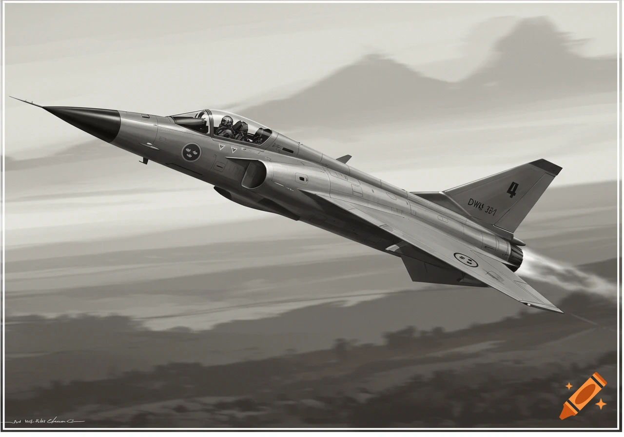 A black and white semi-realistic illustration of a Swedish Draken fighter jet flying over mountains.