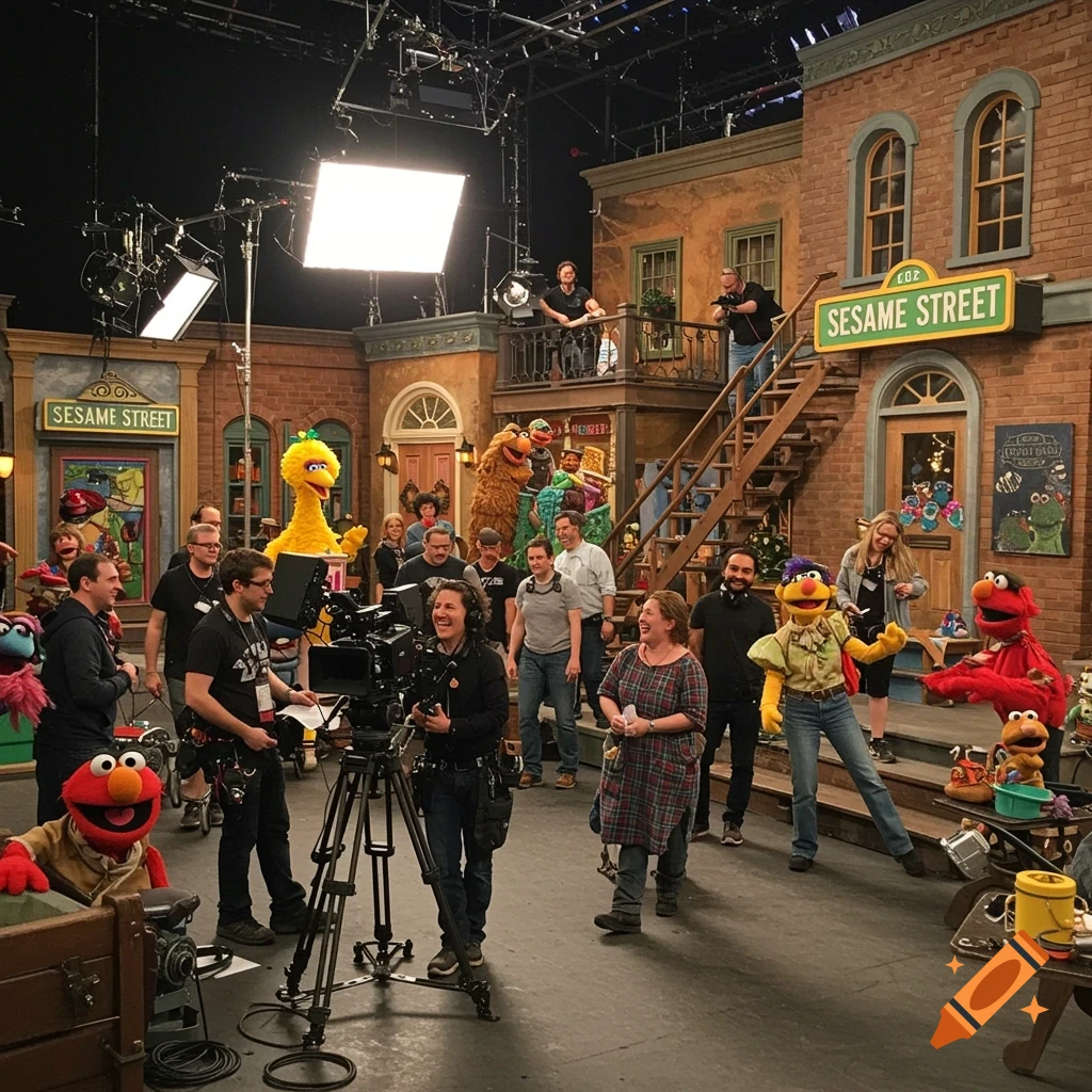 Behind the scenes look at the Sesame Street set with crew members and puppets like Big Bird, Elmo, and Oscar the Grouch.