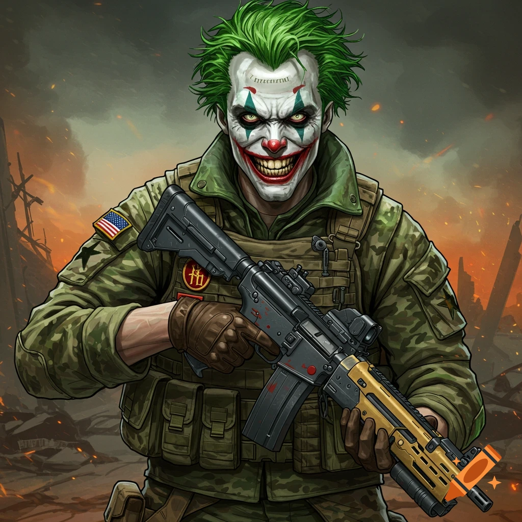Joker character dressed as a soldier with a rifle in a battleground comic art