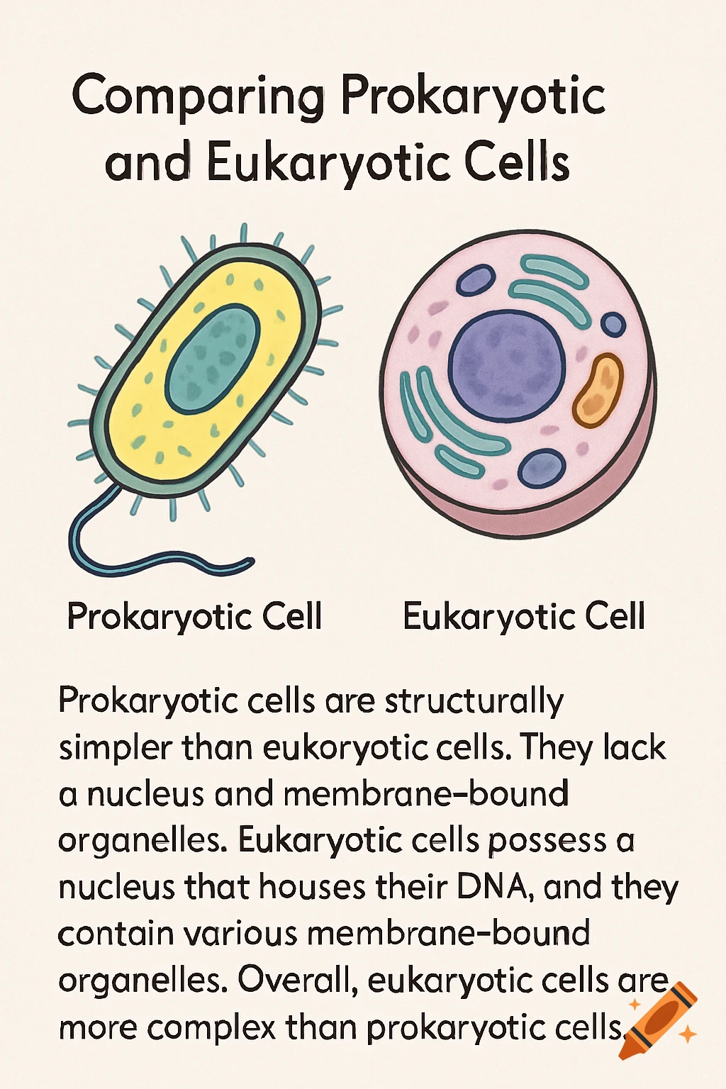 Illustration comparing prokaryotic and eukaryotic cells with diagrams and descriptive text.