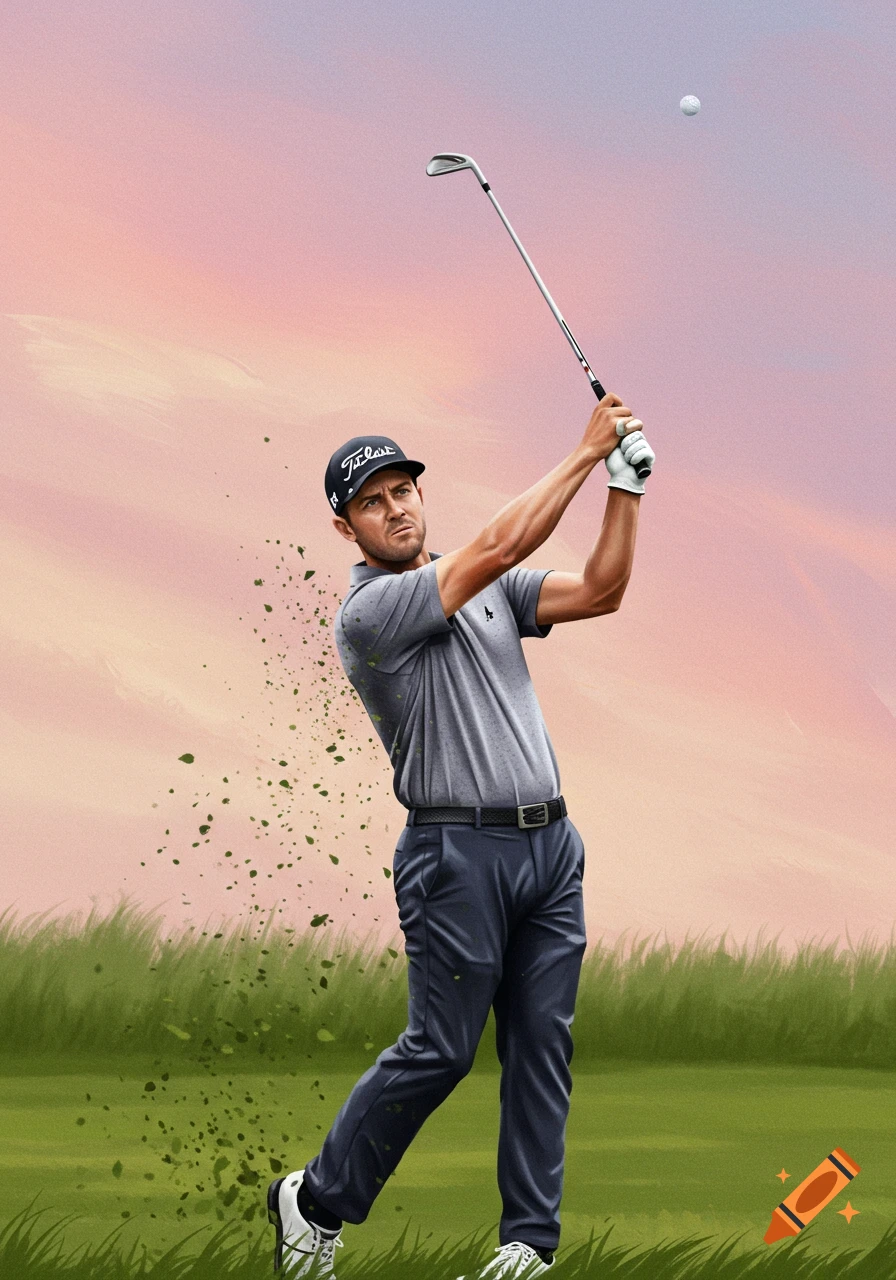 Golfer swinging a club on a grassy field against a colorful sky, stylized art