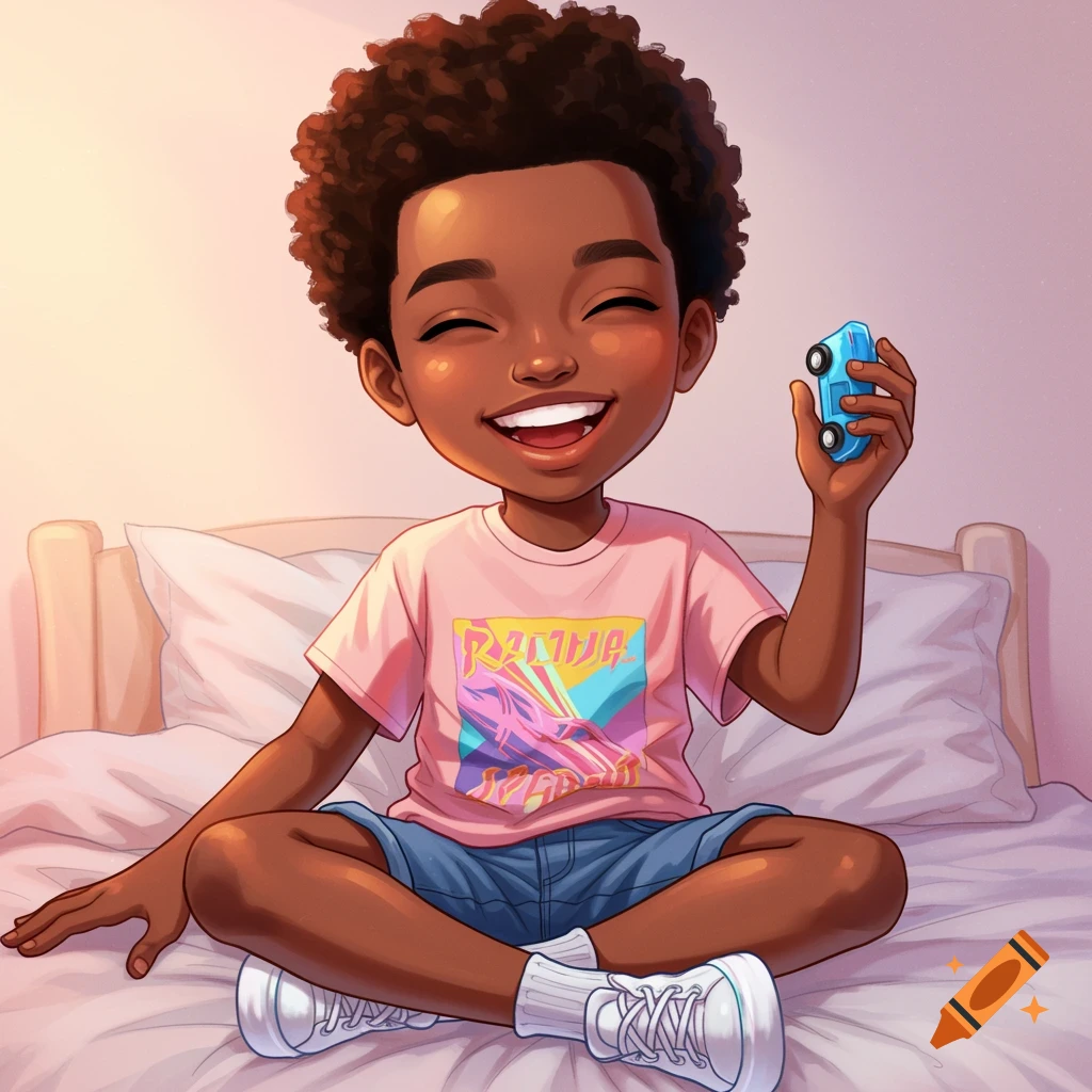 Cartoon of a happy boy sitting on a bed holding a toy car