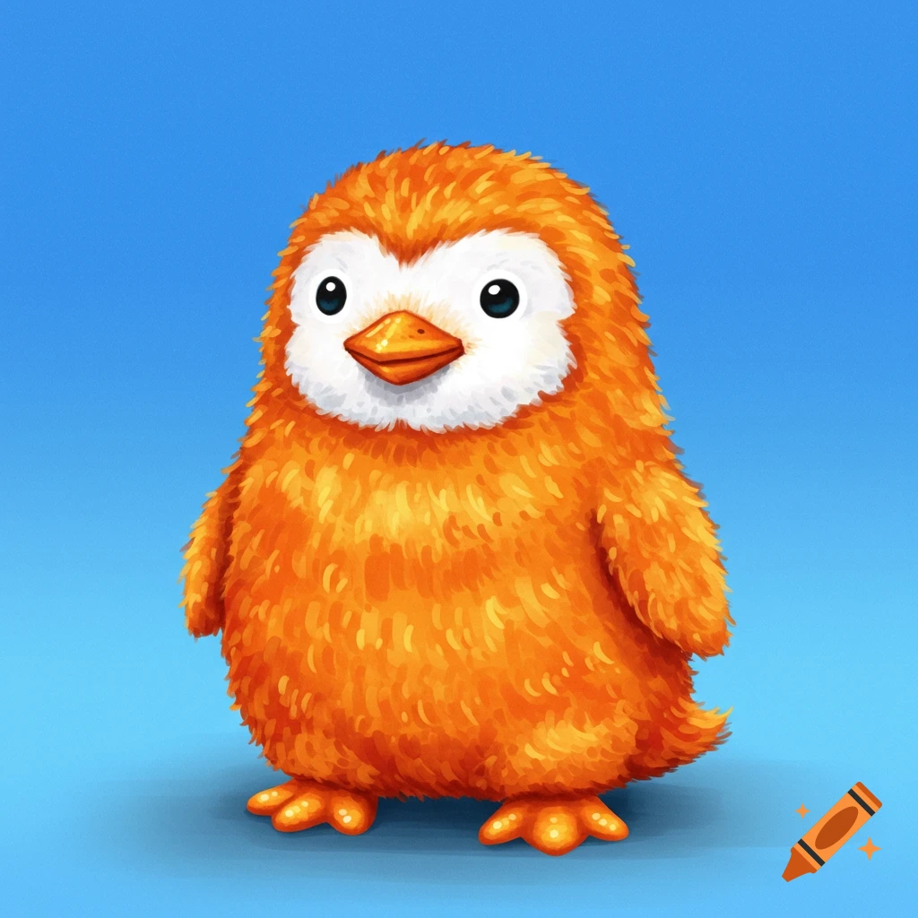 Stylized illustration of a fluffy orange creature resembling a hot cheeto penguin on a blue background.