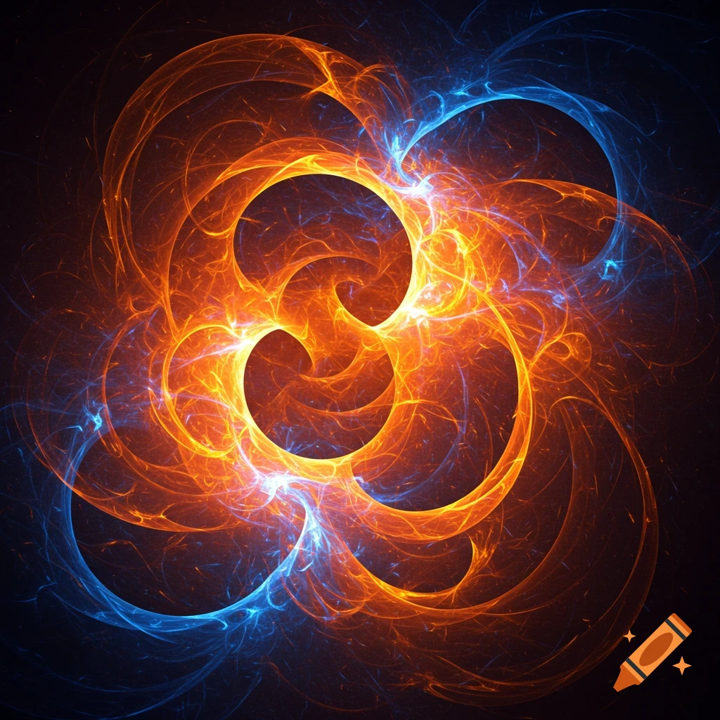 Abstract swirling orange and blue light pattern on a dark background.