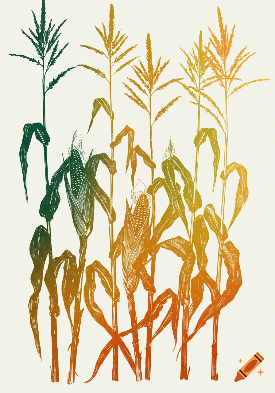 Botanical print of corn stalks with green and orange colors