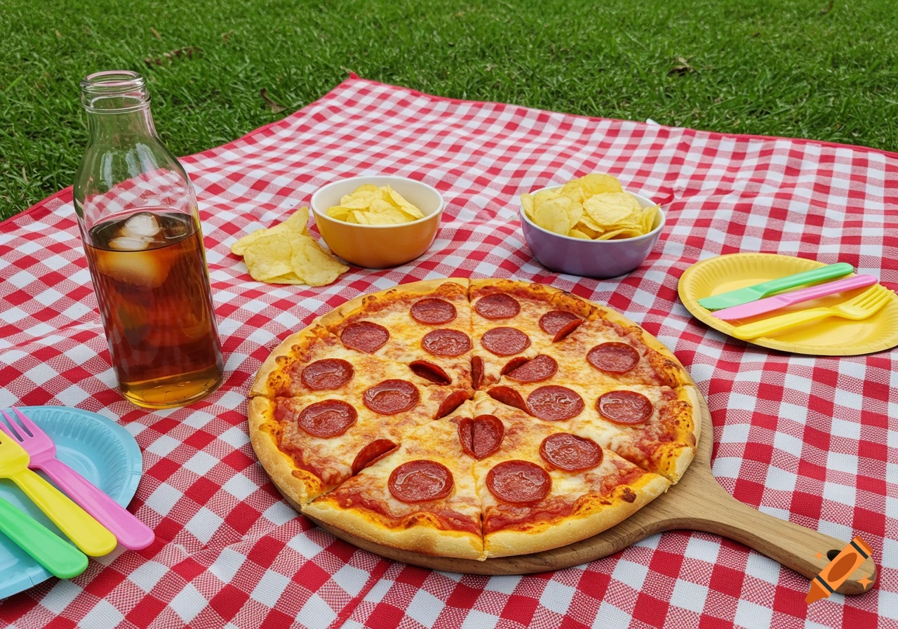 A pepperoni pizza, chips, and drink on a red and white checkered picnic blanket.