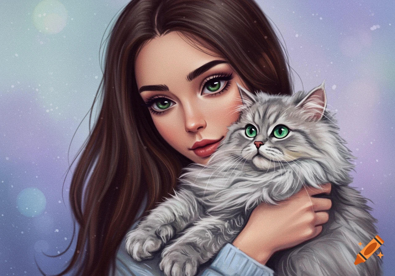 Illustration of a girl holding a fluffy grey Persian cat.