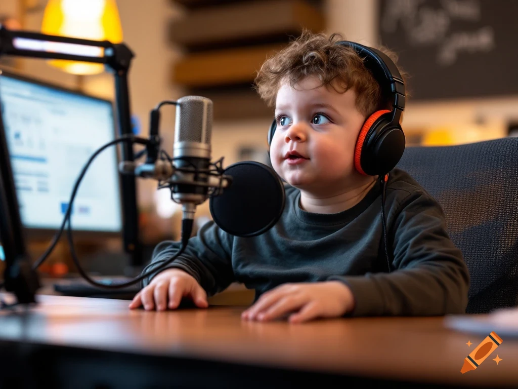 A baby wearing headphones sits in a podcast studio with a microphone in front of a computer.