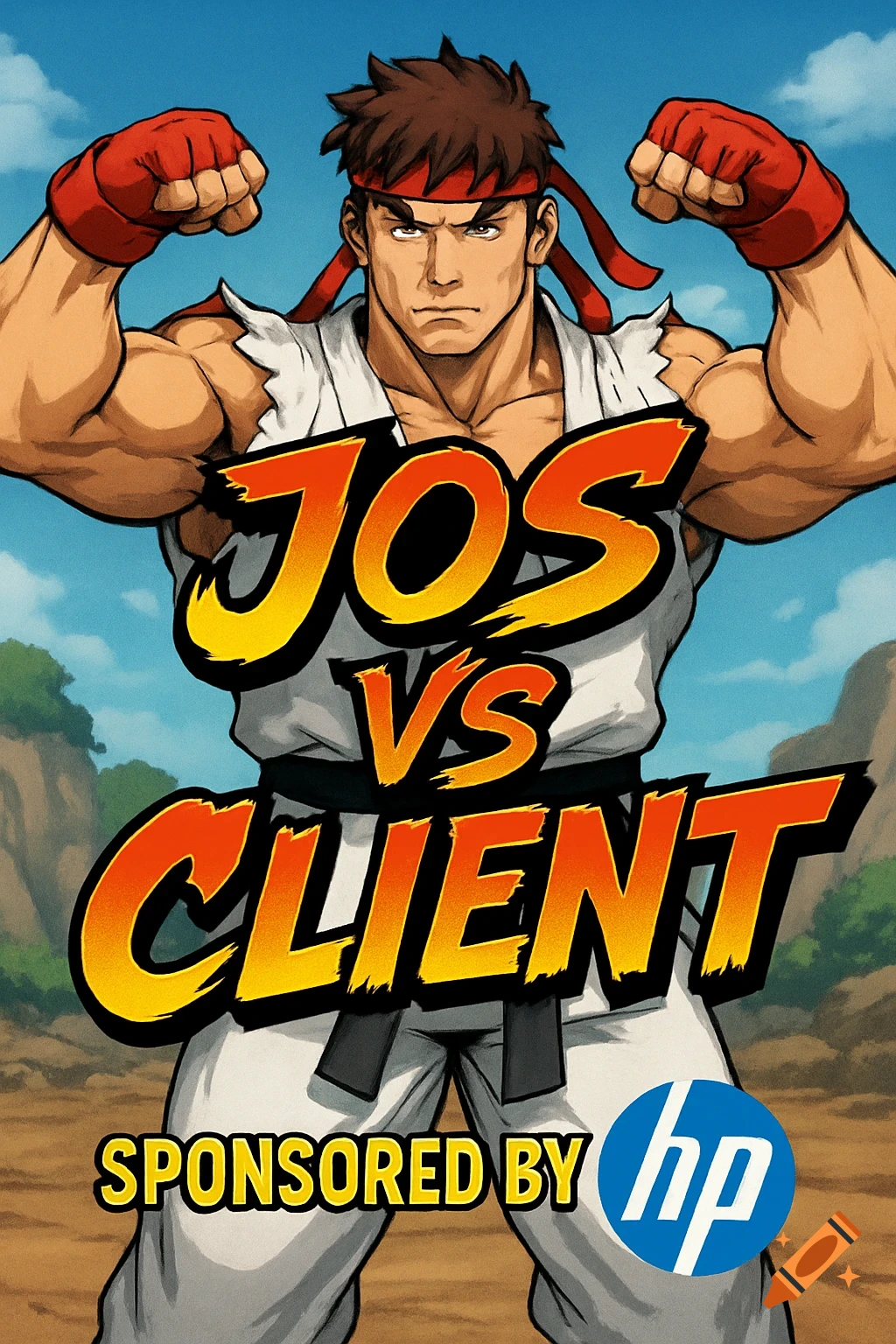 Anime style illustration of a muscular fighter in a gi flexing, with text 'JOS vs CLIENT' and 'SPONSORED BY hp'.