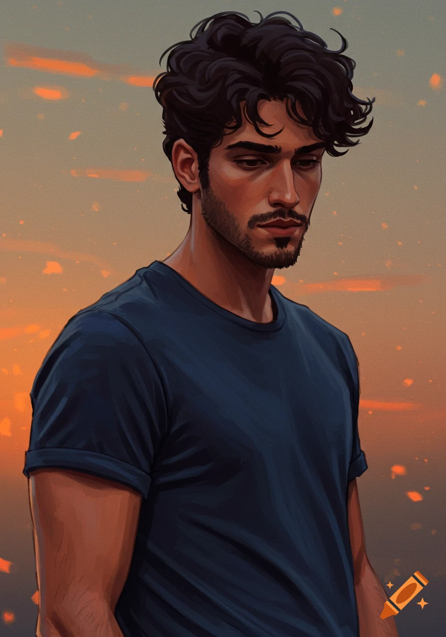 Digital painting portrait of a man with dark curly hair looking down against a sunset sky.