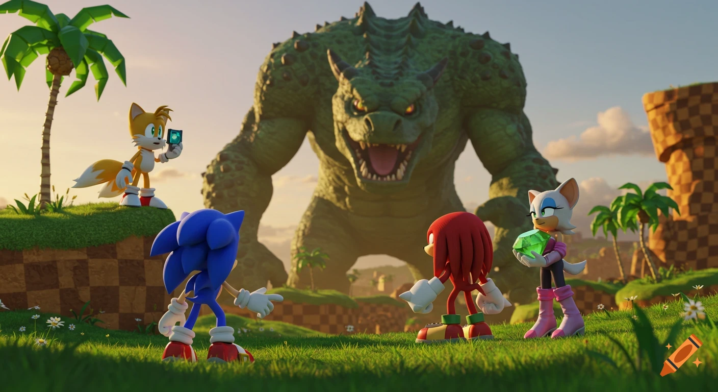 Sonic, Tails, Knuckles, and Rouge confront a giant green monster in a grassy landscape.
