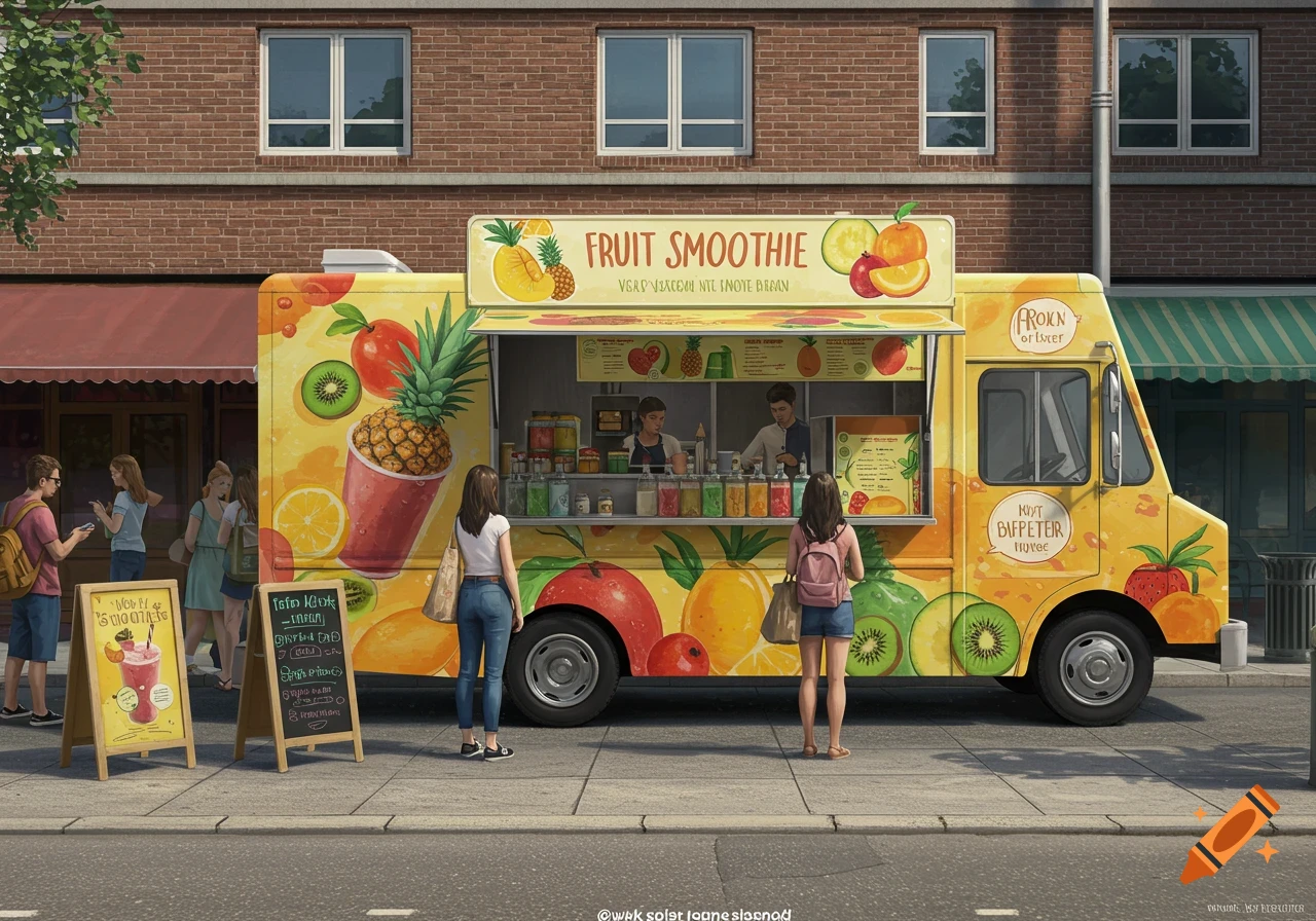 Yellow fruit smoothie food truck on a city street with people, illustrated style.