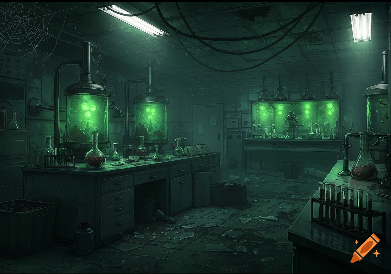 A dark, messy, abandoned laboratory with glowing green tanks and scattered beakers and test tubes.