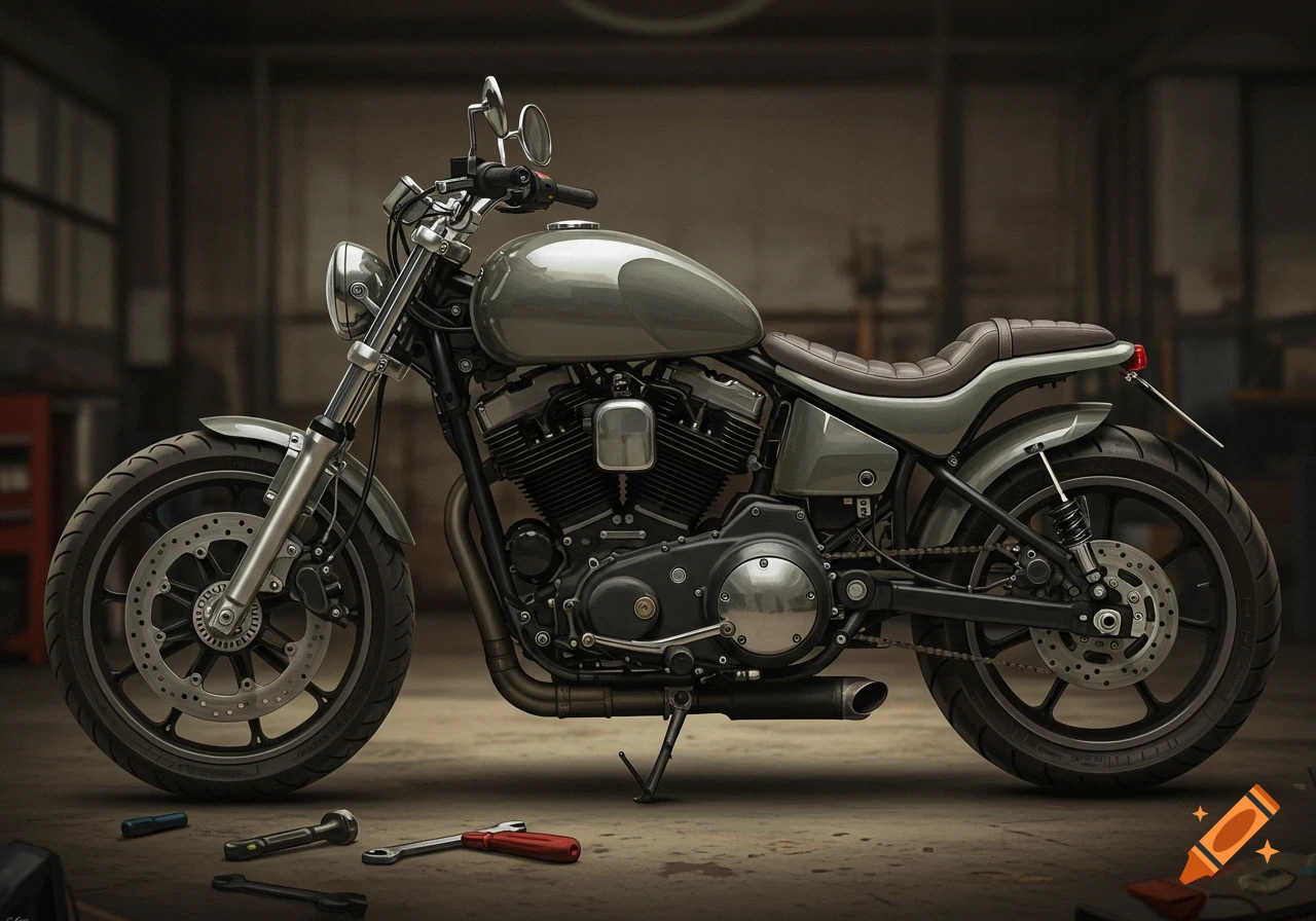 A bobber style motorcycle parked in a garage with tools scattered on the floor.