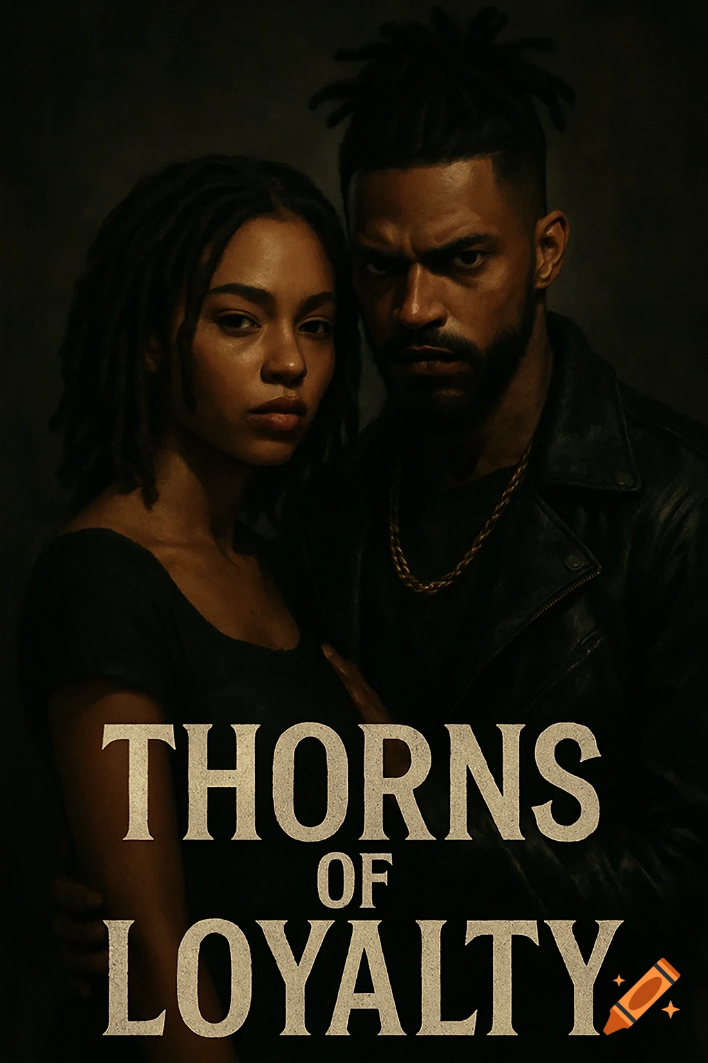 A man and woman in a dark, intense portrait with movie title 'THORNS OF LOYALTY'.