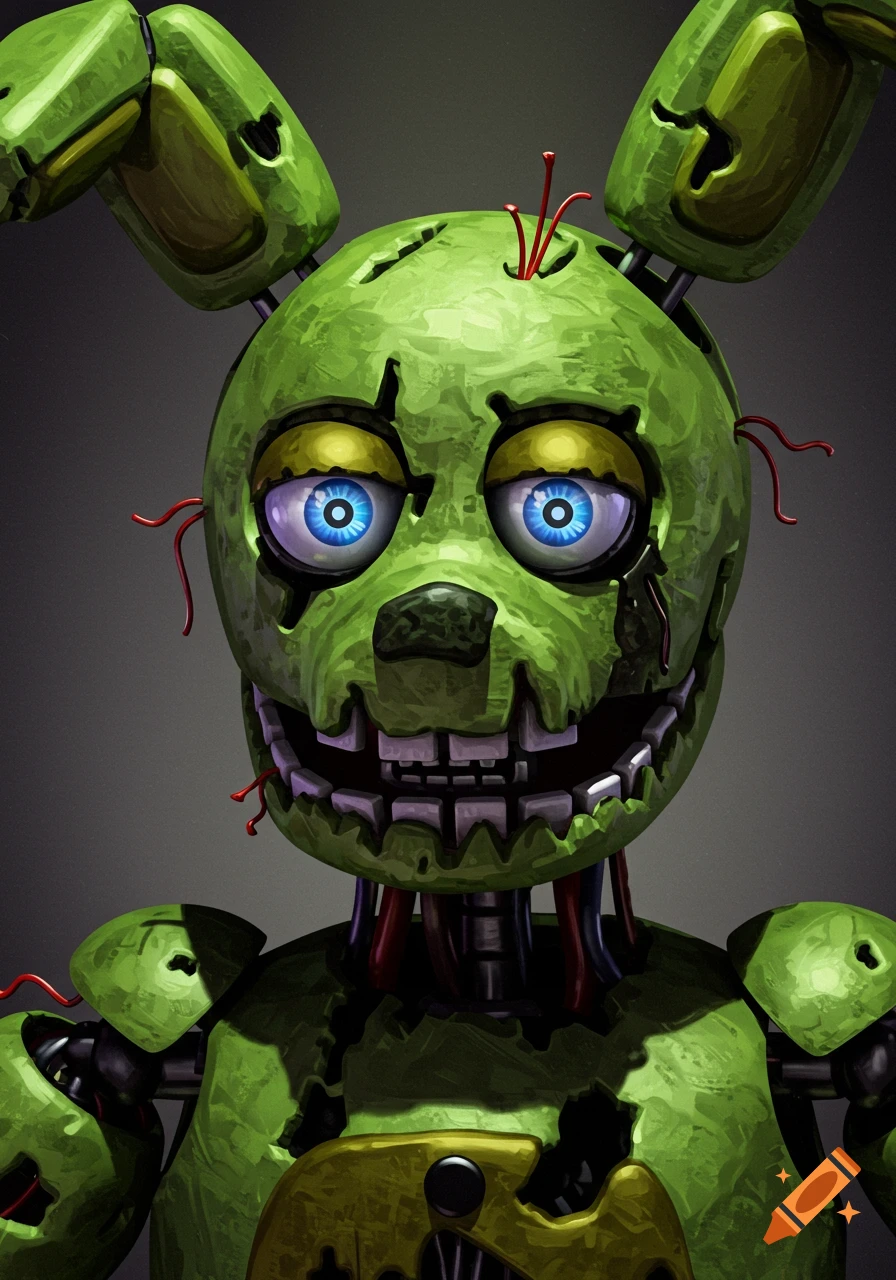 Close-up portrait of a damaged green animatronic with blue eyes, Springtrap from Five Nights at Freddy's