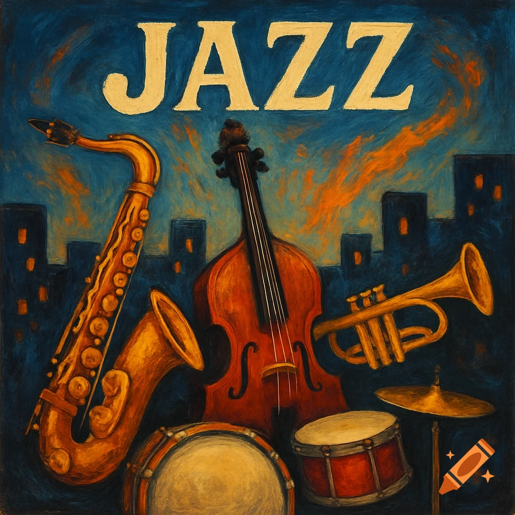 Painting of jazz instruments and the word JAZZ against a city skyline.