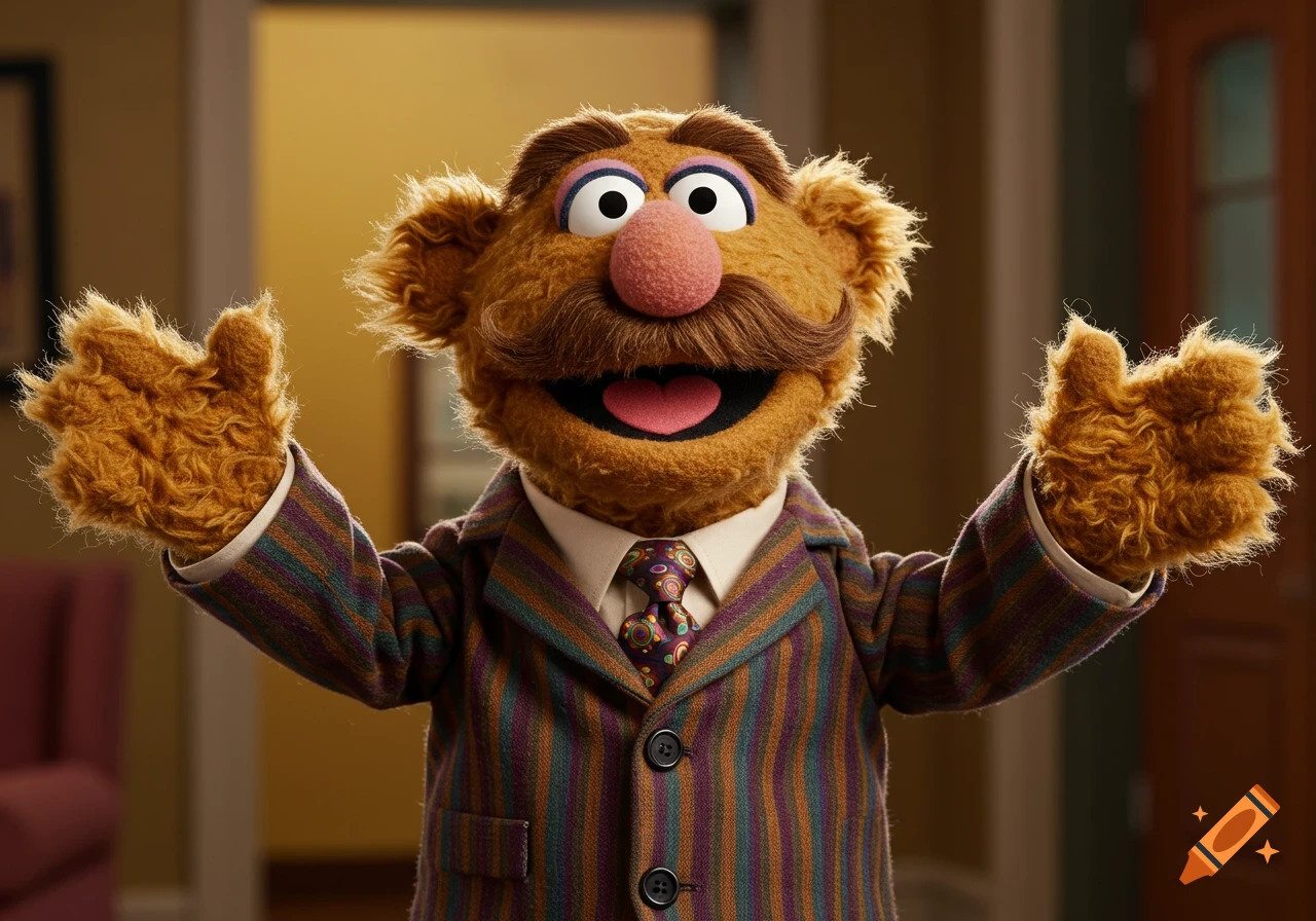 A furry brown Muppet with a mustache and open mouth wears a striped jacket and raises its hands.