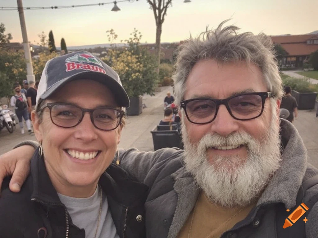 Two people smiling in a selfie outdoors, one wearing a cap with 'Braun' text.