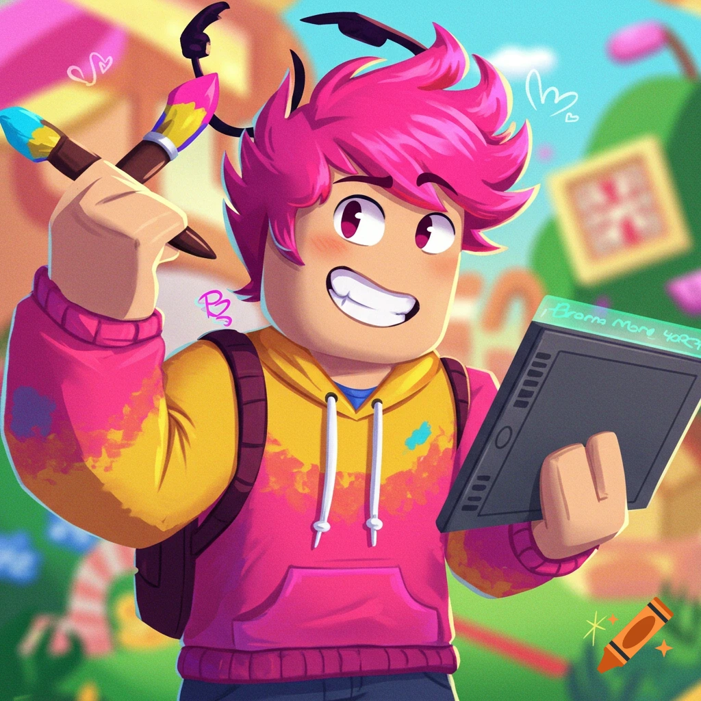 A colorful cartoon character resembling a Roblox avatar with pink hair holds a paintbrush and drawing tablet.