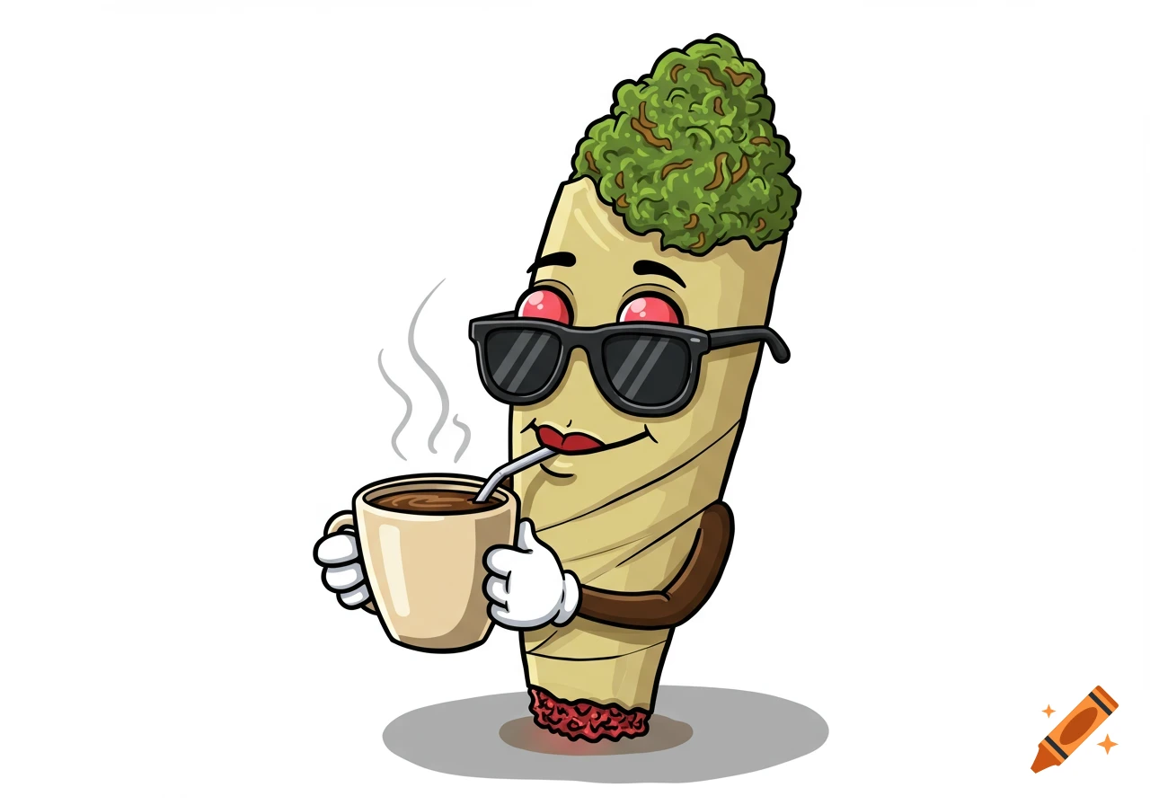 Cartoon marijuana joint character with red eyes, sunglasses, drinking coffee