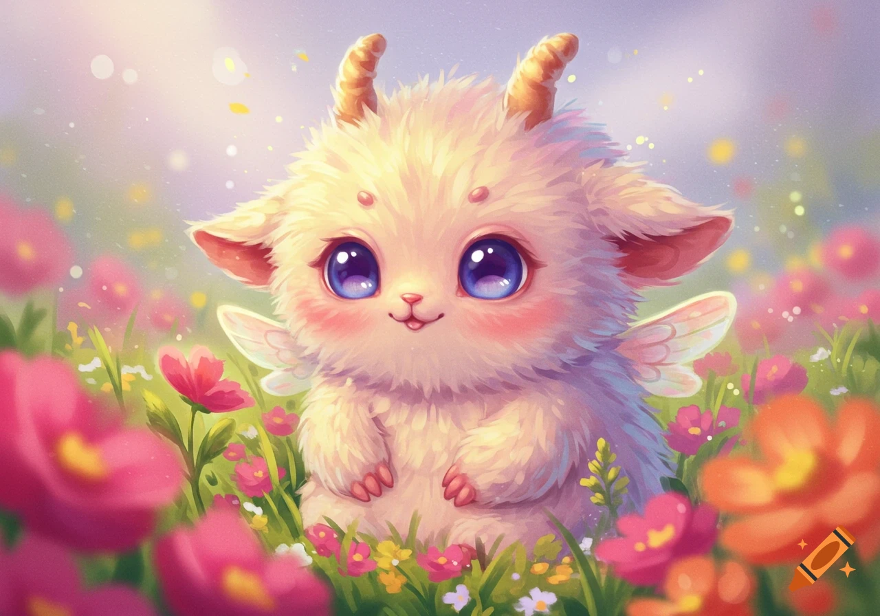 A cute fluffy horned creature with wings sits among pink and yellow ...