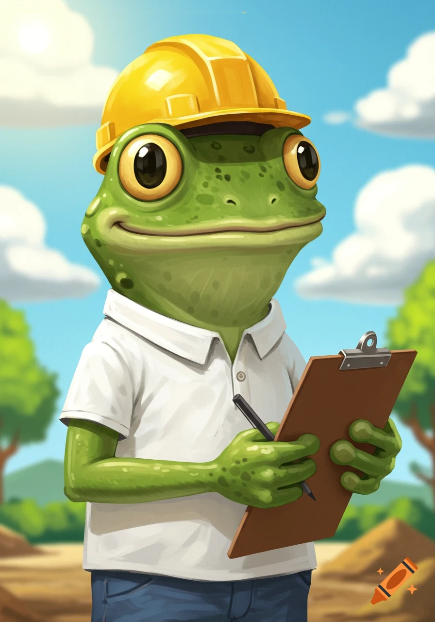 A cartoon frog wearing a hard hat and polo shirt, holding a clipboard.