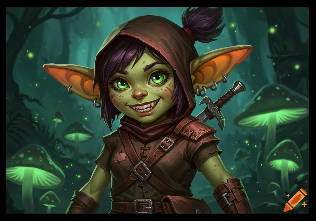 A smiling goblin girl rogue in a hooded outfit with a sword stands in a dark forest with glowing mushrooms.