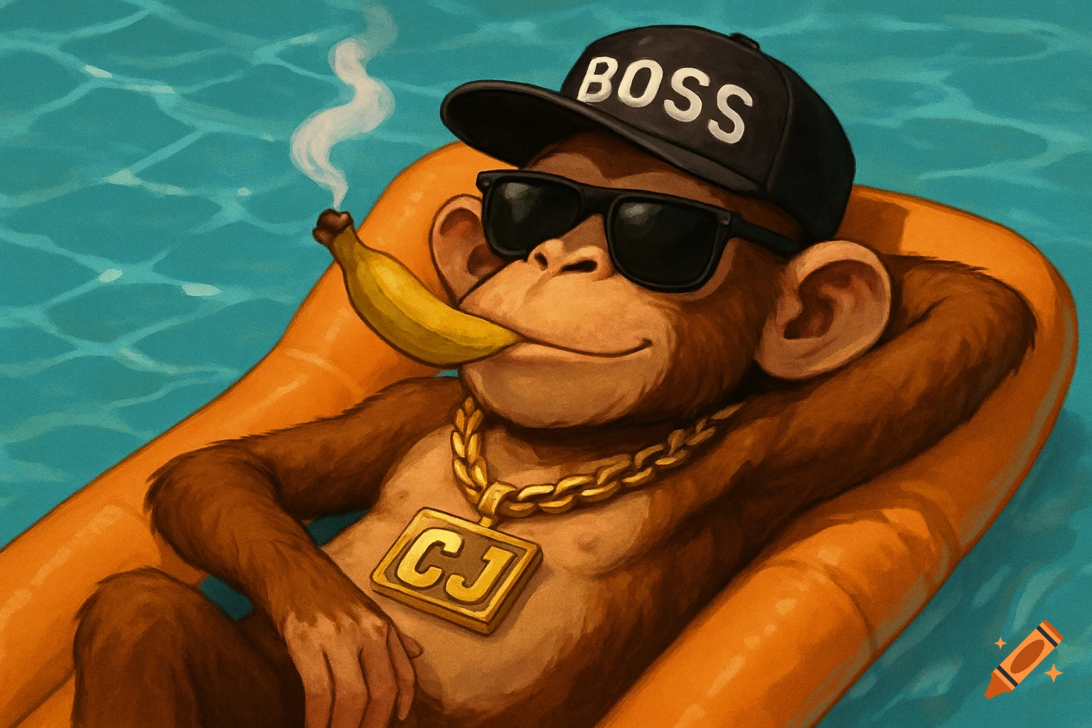 Digital painting of a cool monkey wearing sunglasses and a 'BOSS' hat on a pool float, holding a banana like a cigarette, with a 'CJ' necklace.