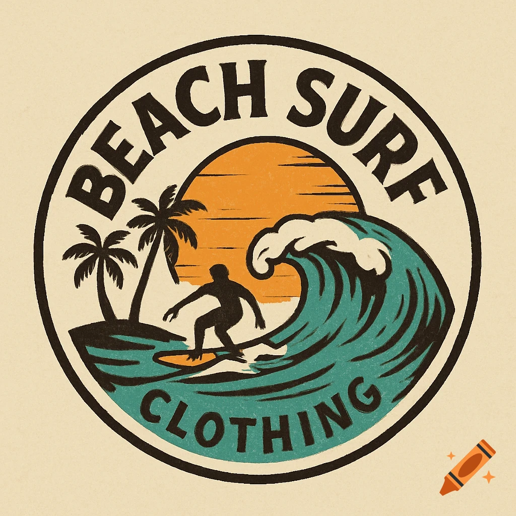 A circular logo for Beach Surf Clothing featuring a surfer on a wave, palm trees, and a sunset.
