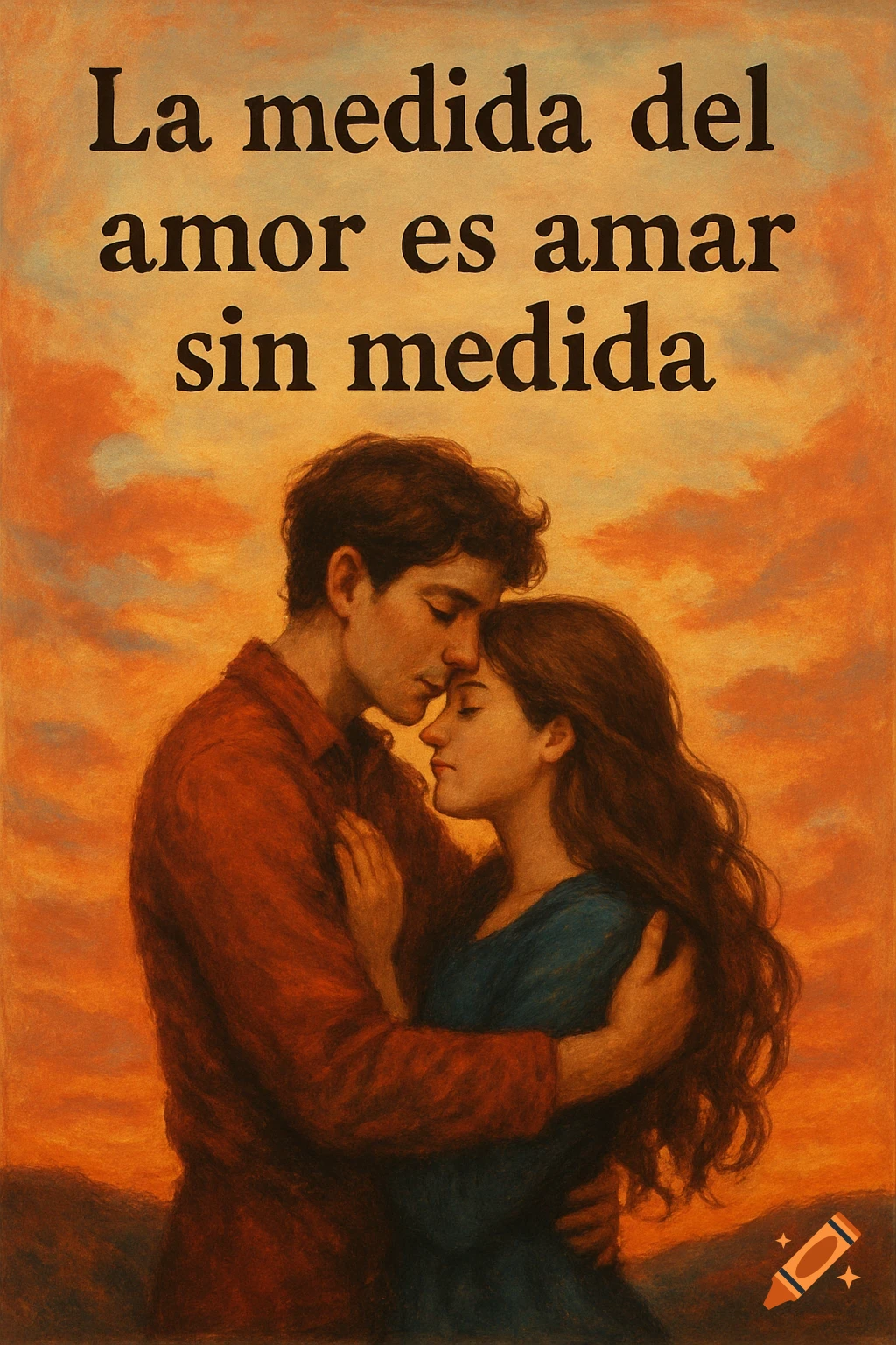 An illustrated painting of a couple embracing in front of a sunset, with the quote "La medida del amor es amar sin medida" above them.