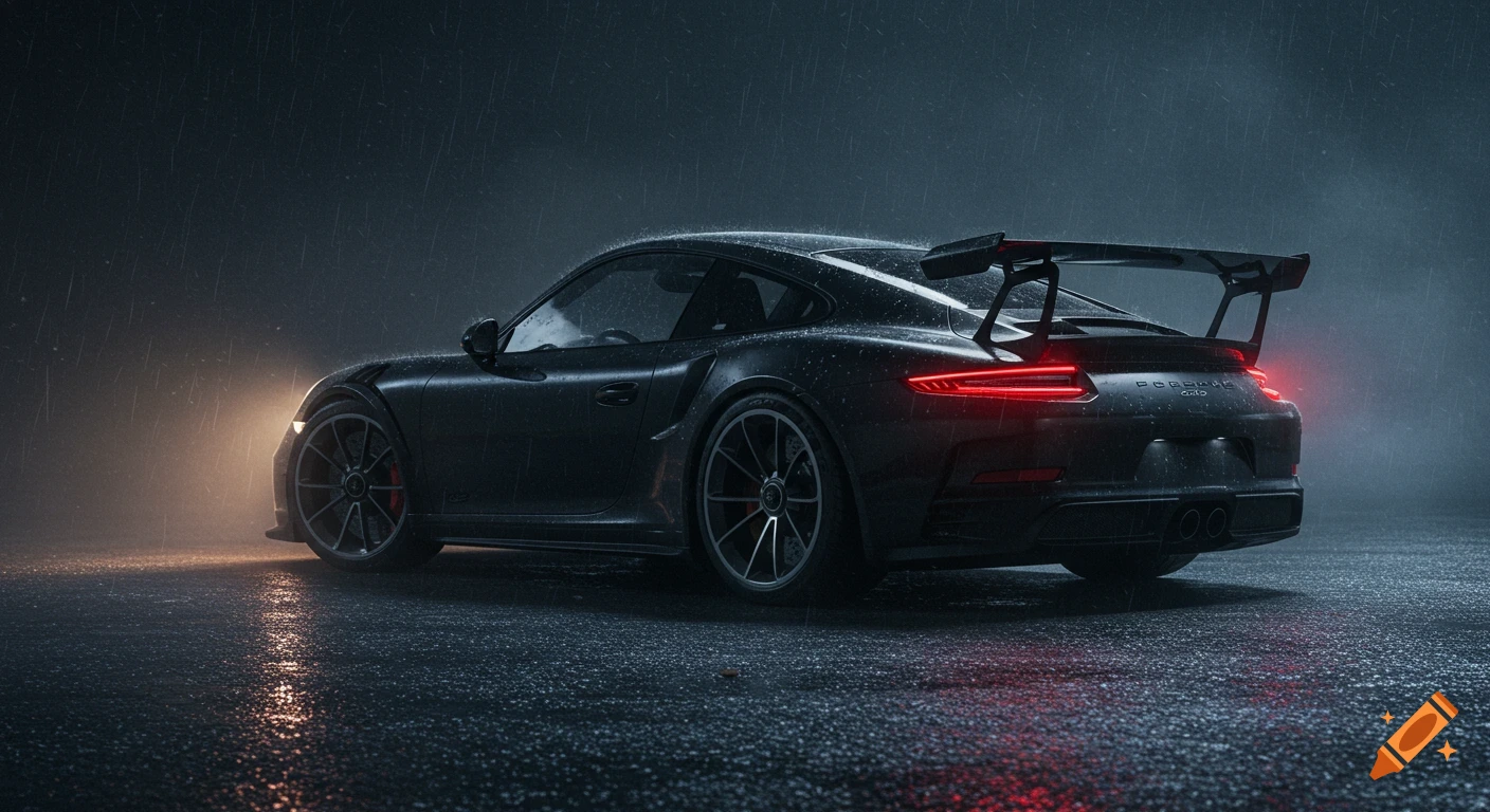 A black Porsche GT3RS is parked on a wet road under heavy rain at night. Its tail lights glow red.
