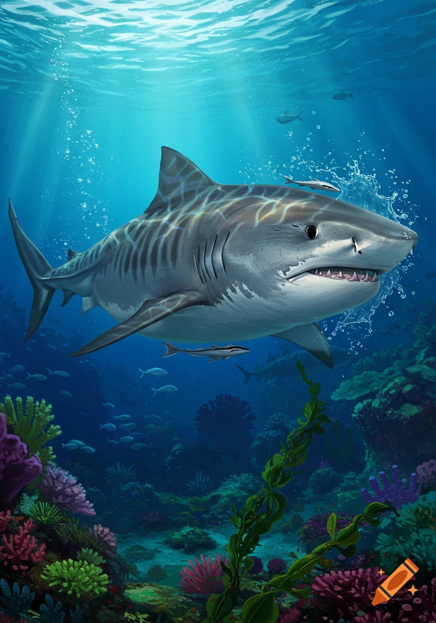 Digital illustration of a tiger shark swimming in a colourful coral reef with light rays from the surface.