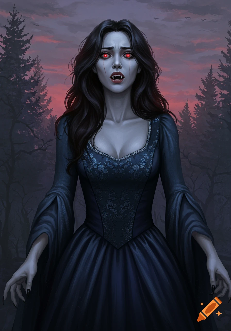 A pale vampire woman with red eyes and fangs stands in a dark forest at dusk, wearing a blue dress.