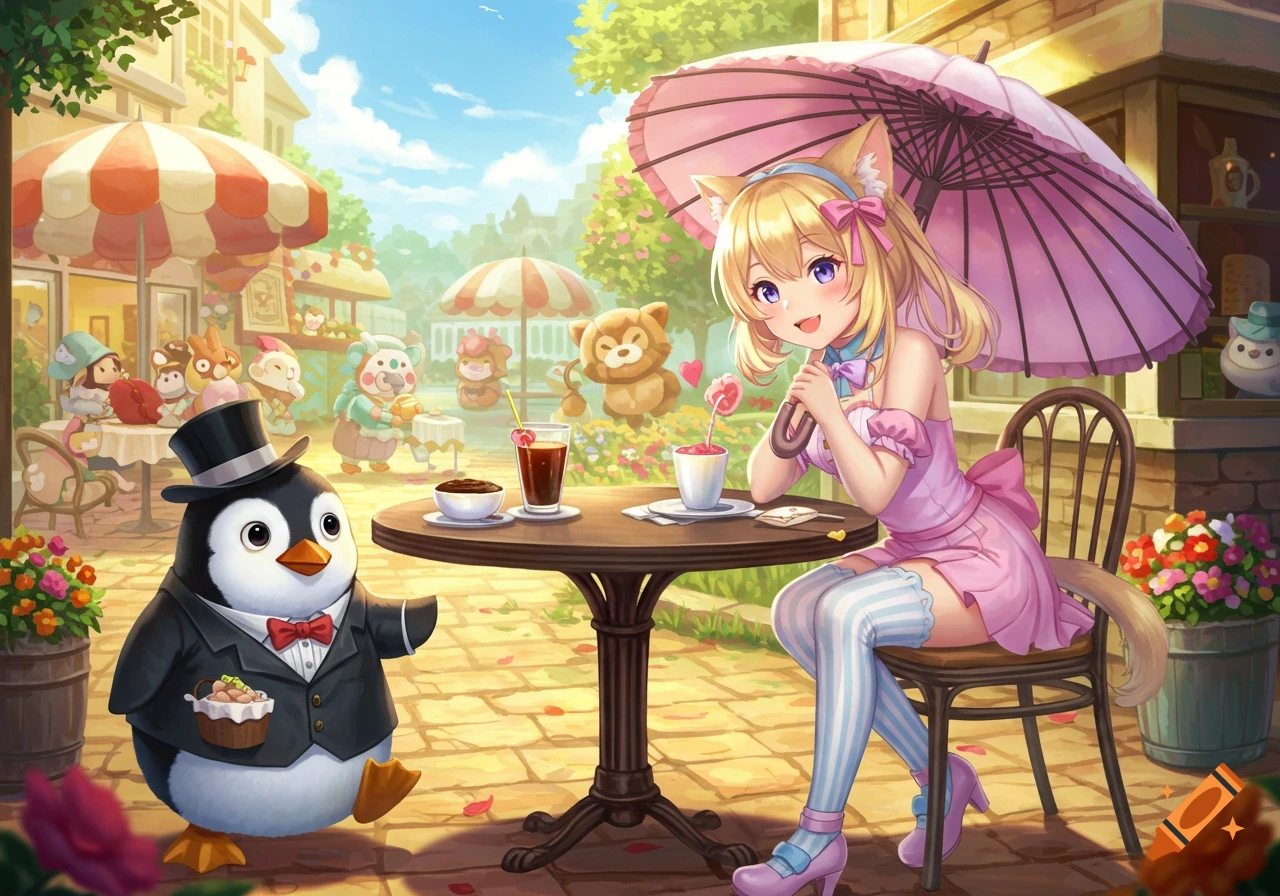 Anime illustration of a catgirl and a penguin in a suit sitting at a table outside a cafe.